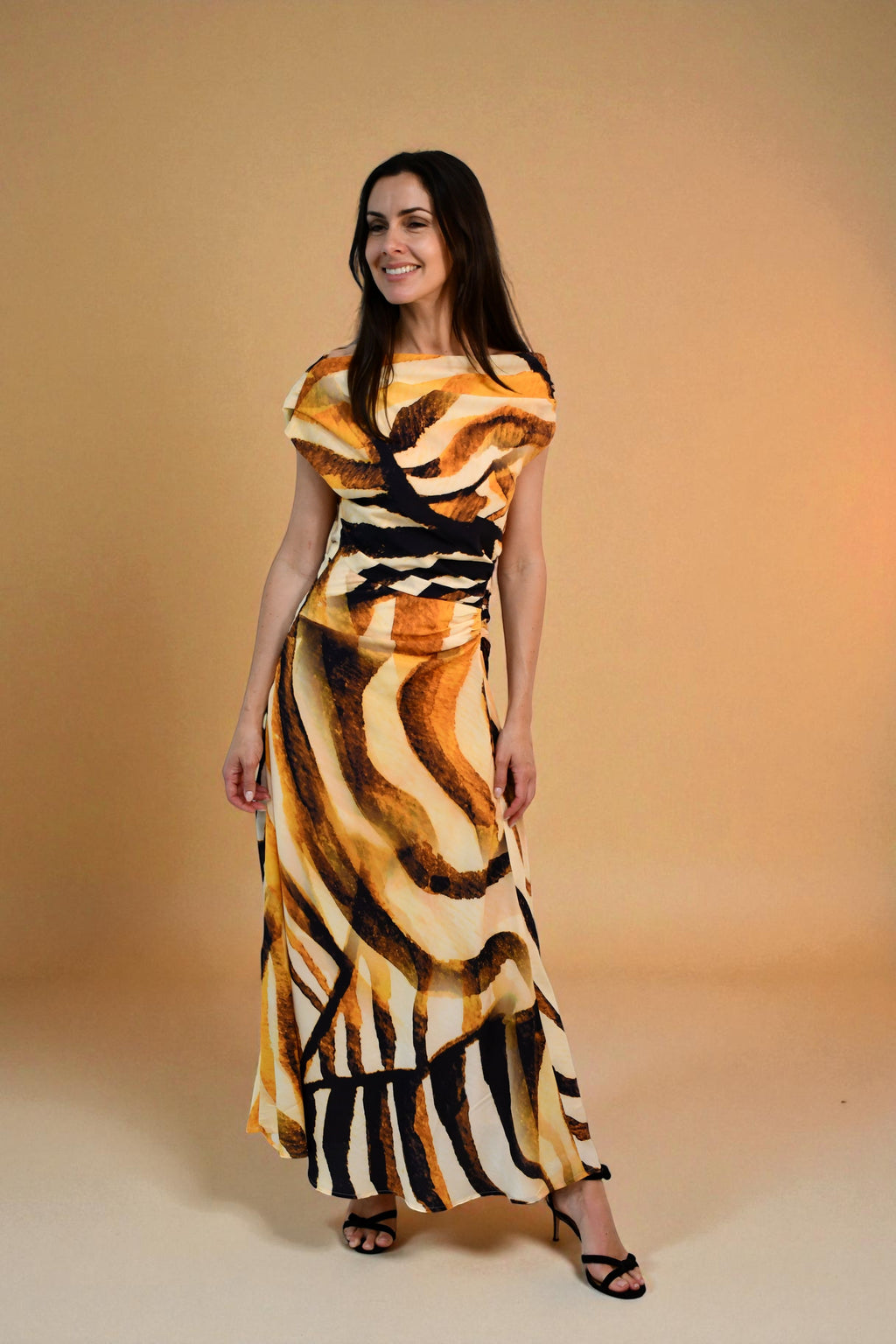One / Off  Shoulder Ruched Dress - Artistic Brushstroke