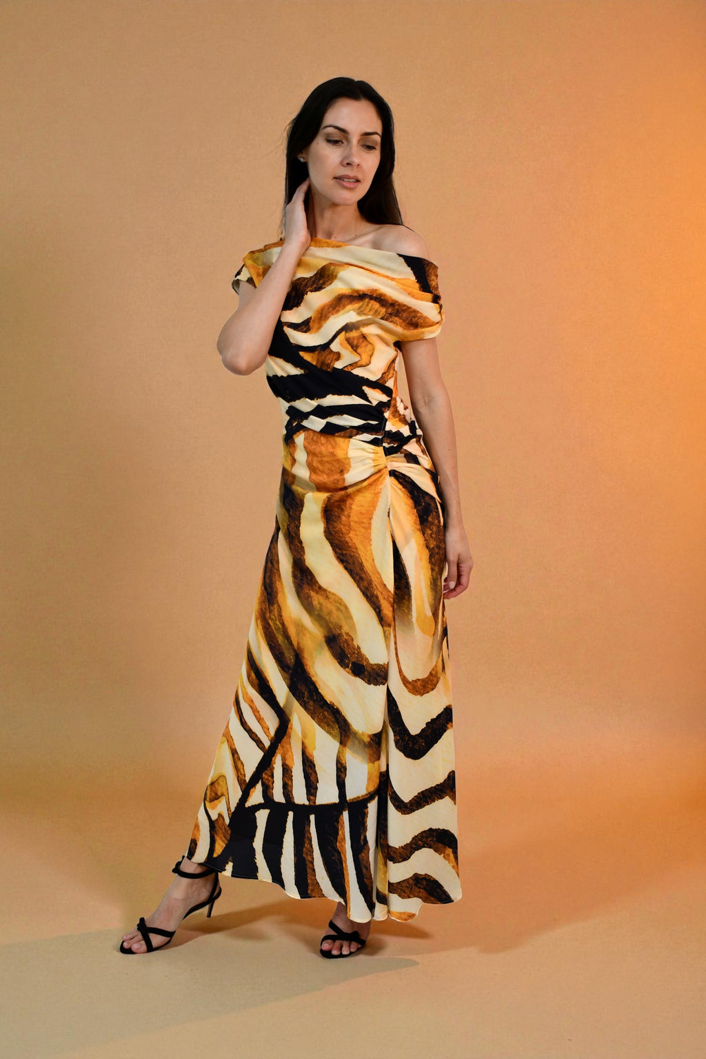 One / Off  Shoulder Ruched Dress - Artistic Brushstroke