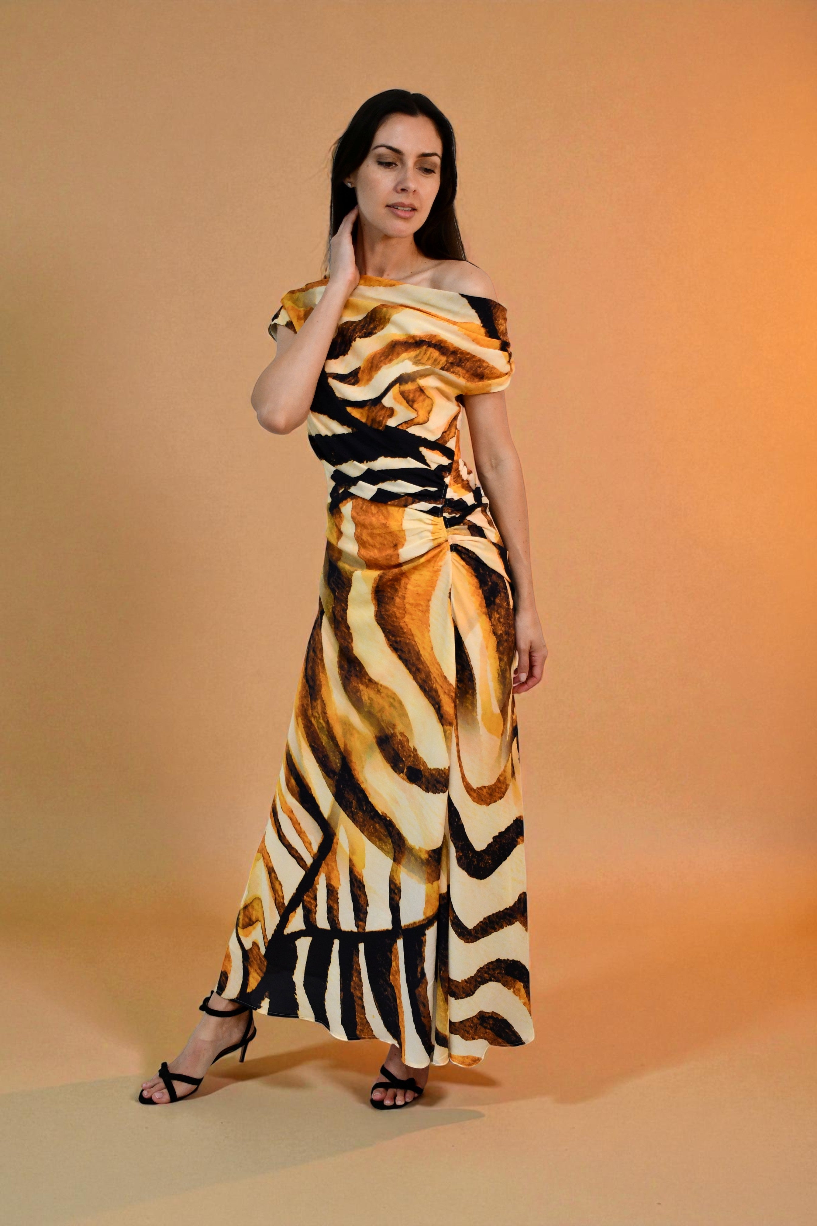 One / Off  Shoulder Ruched Dress - Artistic Brushstroke