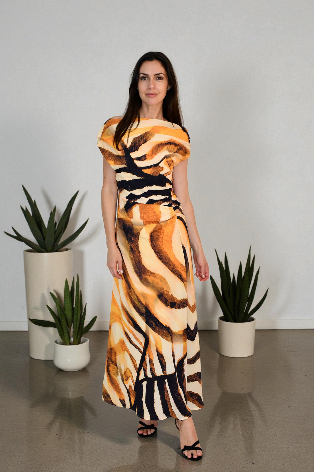 One / Off  Shoulder Ruched Dress - Artistic Brushstroke
