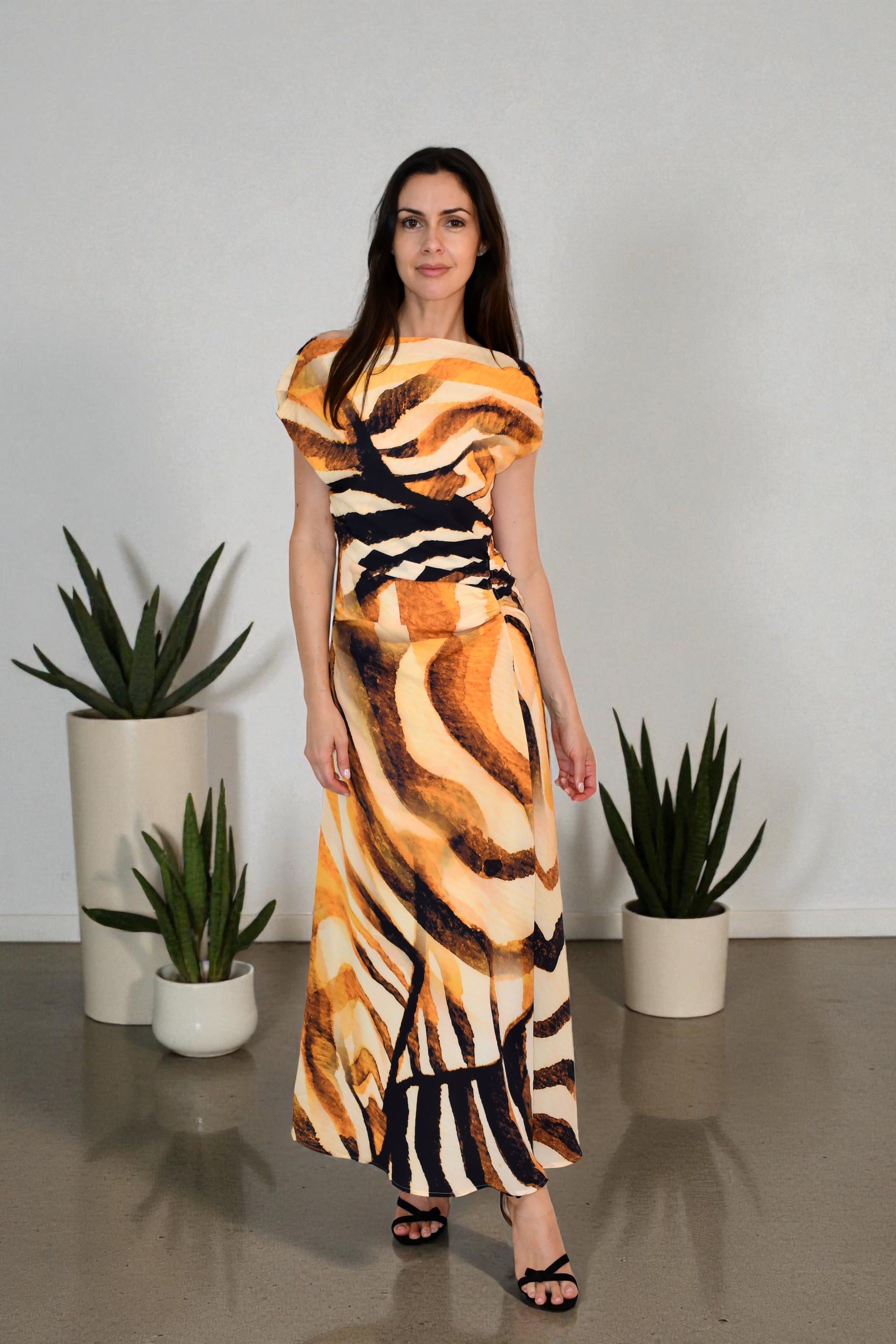 One / Off  Shoulder Ruched Dress - Artistic Brushstroke